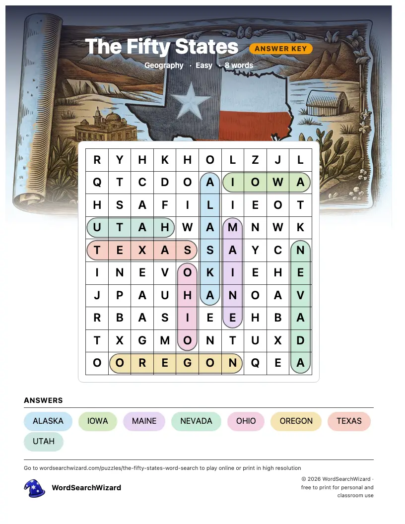 The Fifty States word search answer key, all 8 words marked