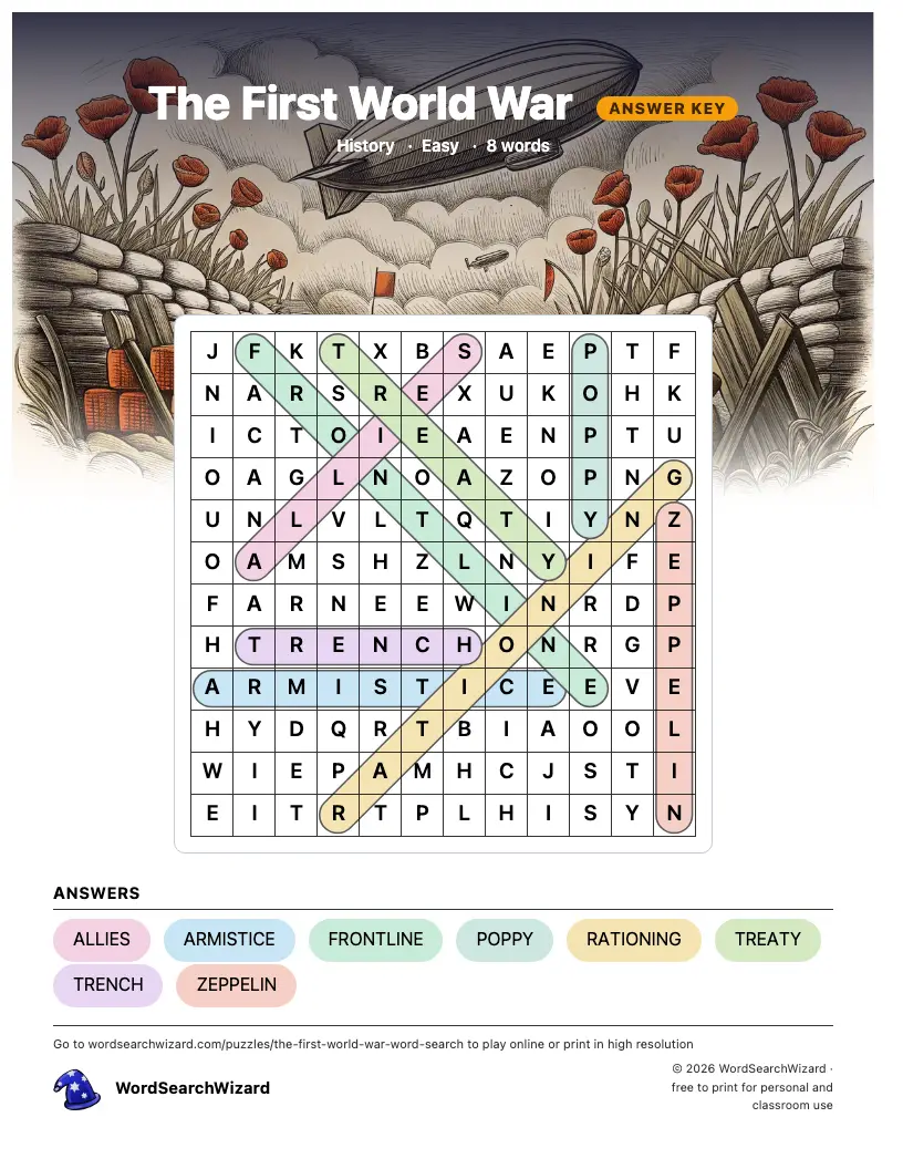 The First World War word search answer key, all 8 words marked