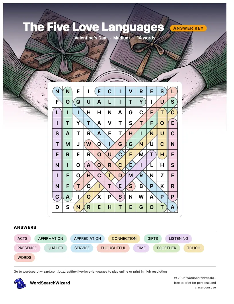 The Five Love Languages word search answer key, all 14 words marked