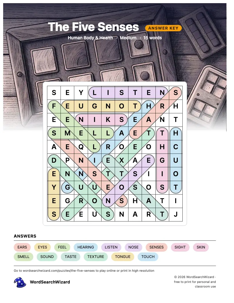The Five Senses word search answer key, all 15 words marked