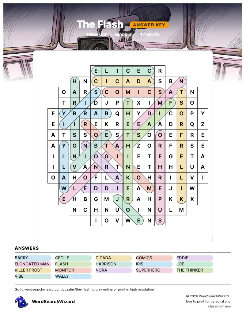 The Flash word search answer key, all 17 words marked