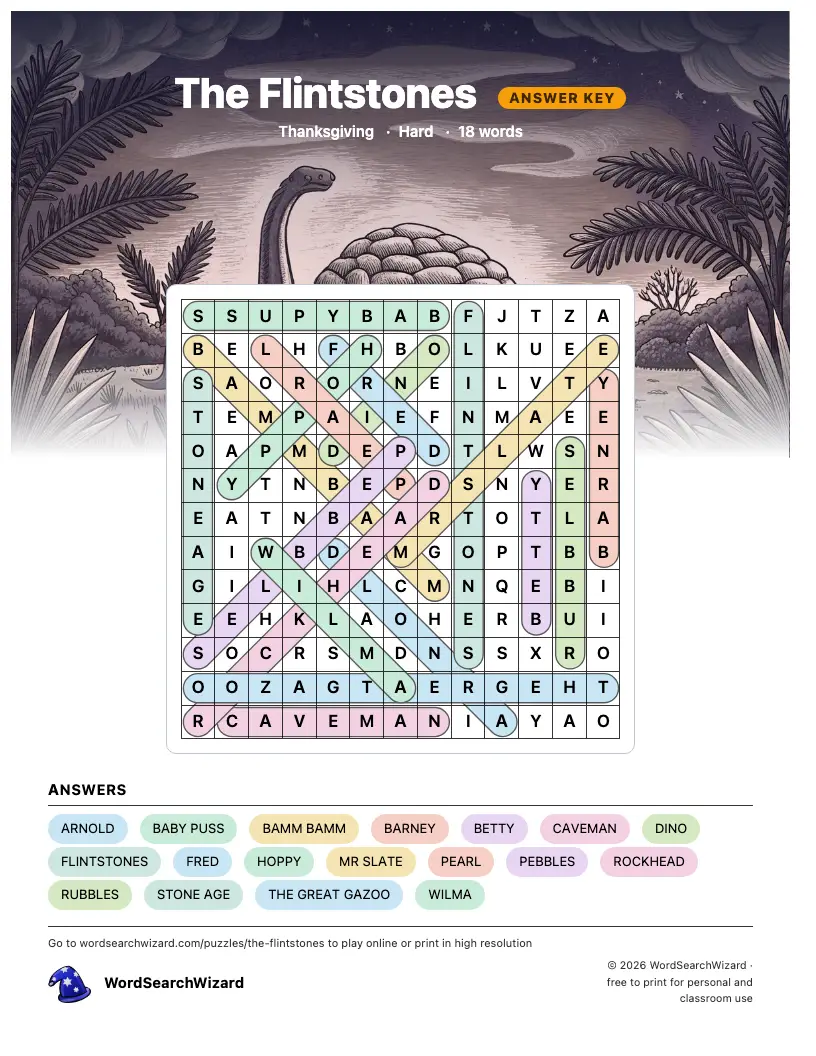 The Flintstones word search answer key, all 18 words marked