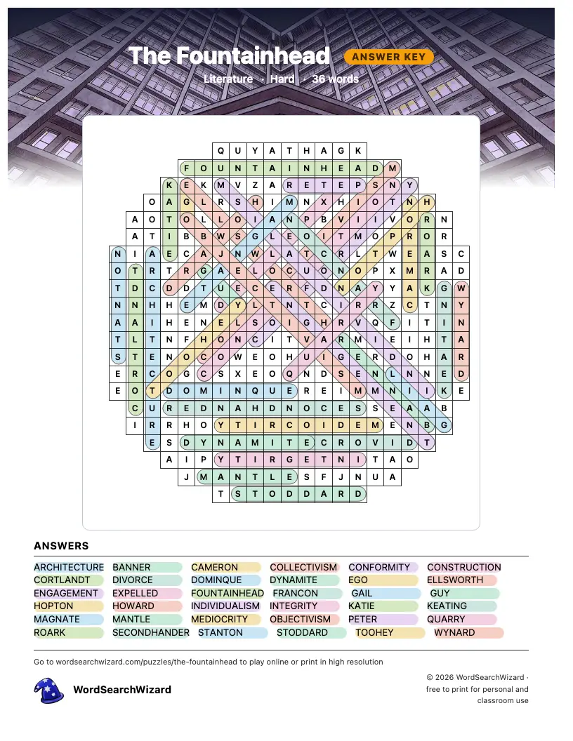 The Fountainhead word search answer key, all 36 words marked