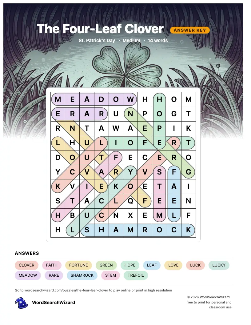 The Four-Leaf Clover word search answer key, all 14 words marked