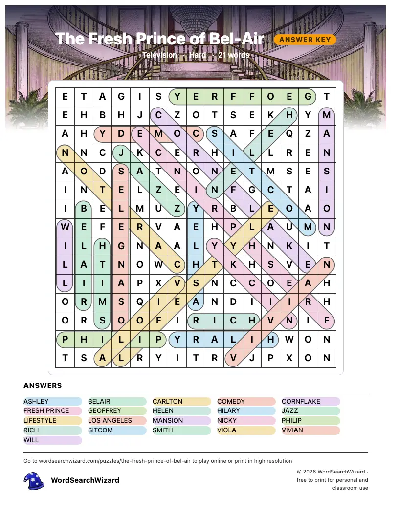The Fresh Prince of Bel-Air word search answer key, all 21 words marked