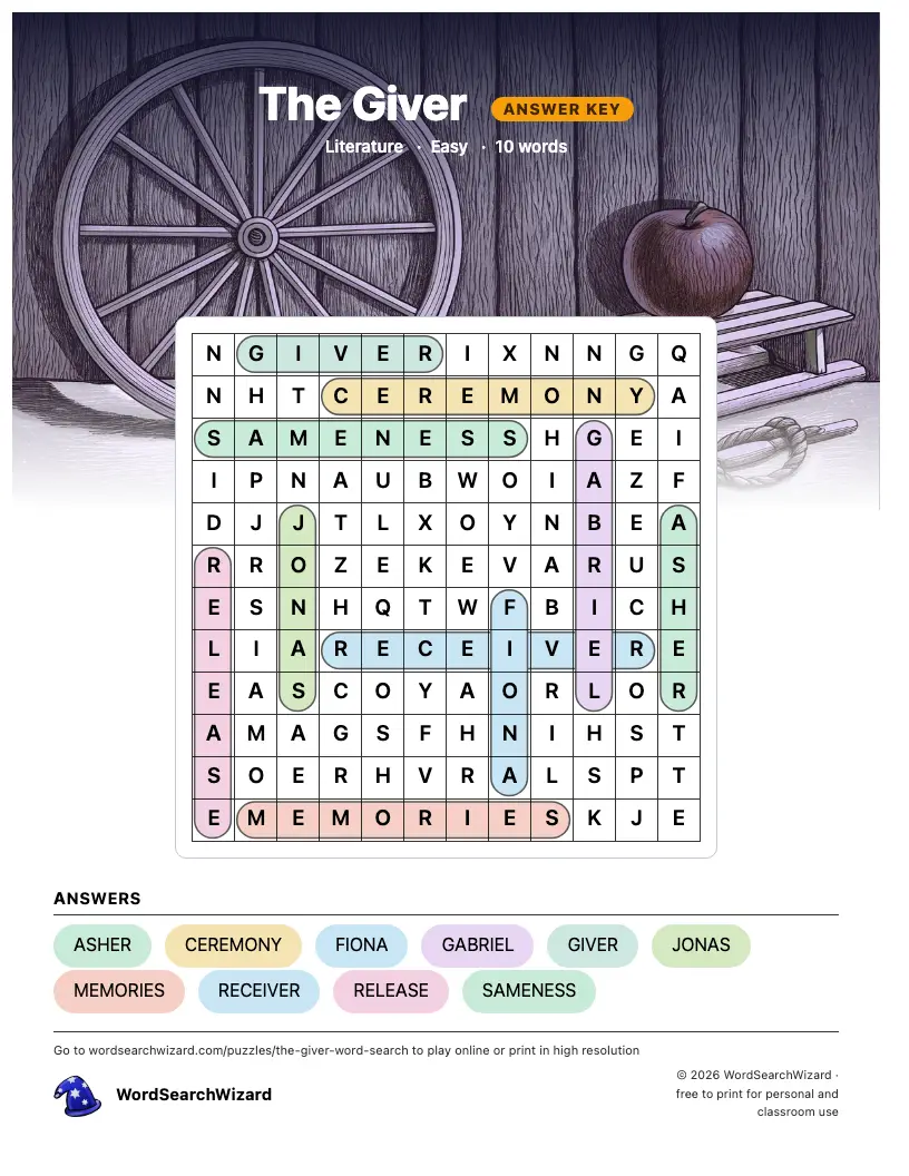 The Giver word search answer key, all 10 words marked