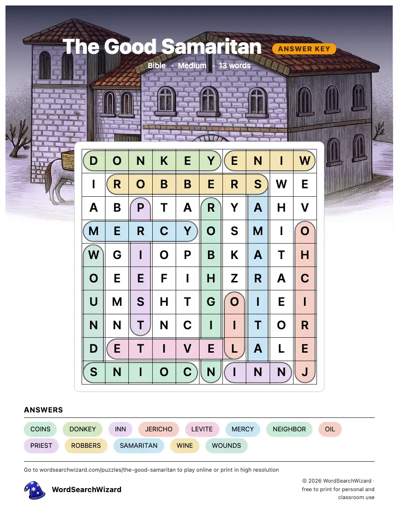 The Good Samaritan word search answer key, all 13 words marked