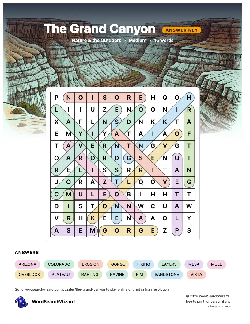 The Grand Canyon word search answer key, all 15 words marked