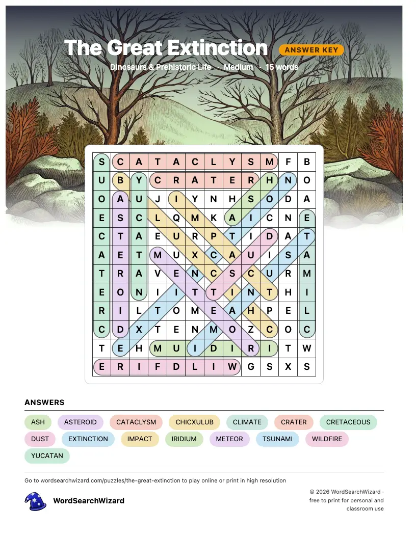 The Great Extinction word search answer key, all 15 words marked