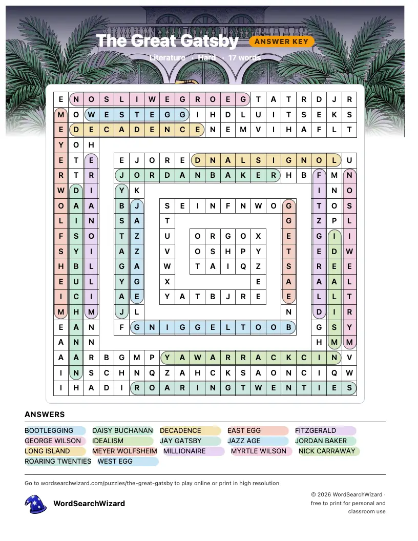 The Great Gatsby word search answer key, all 17 words marked