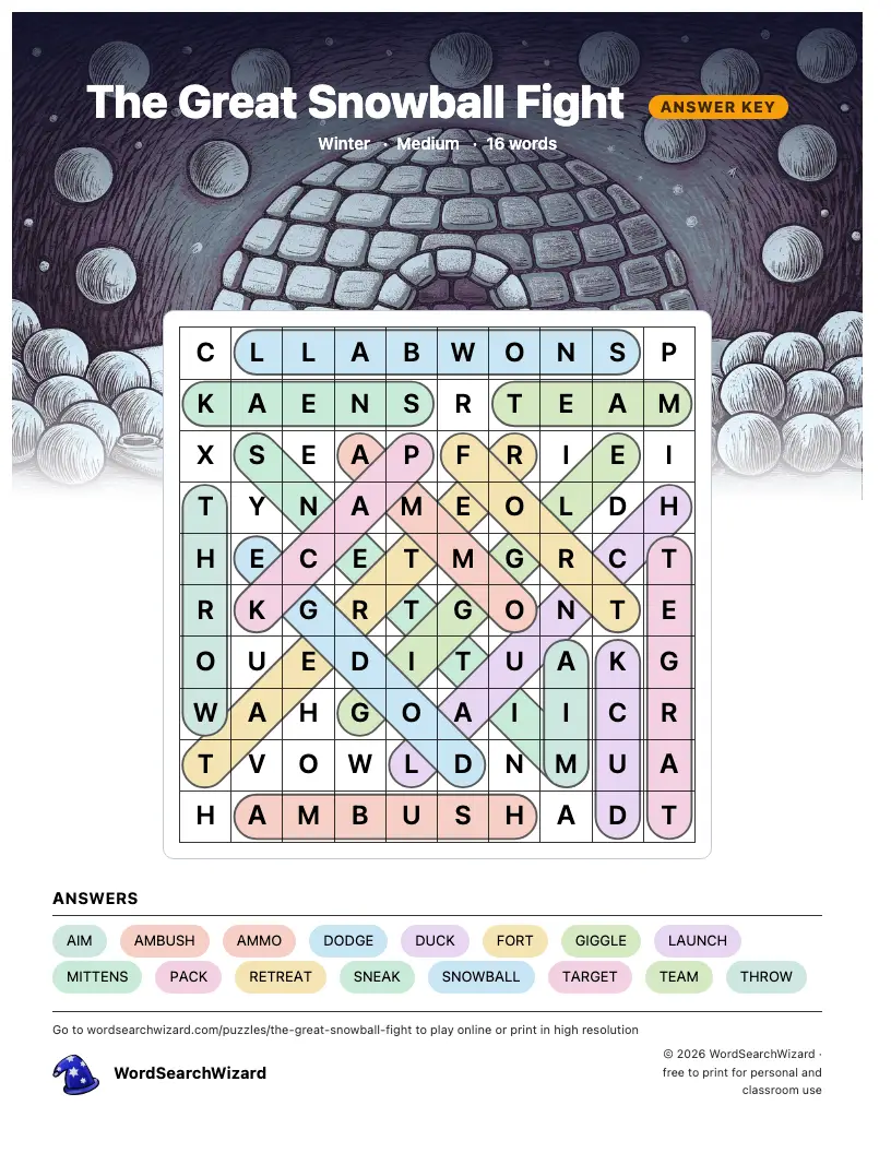 The Great Snowball Fight word search answer key, all 16 words marked