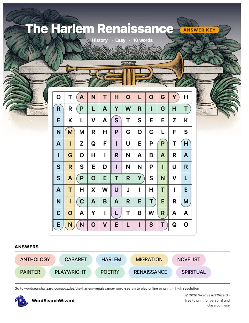 The Harlem Renaissance word search answer key, all 10 words marked