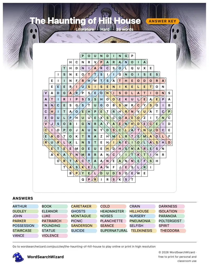 The Haunting of Hill House word search answer key, all 38 words marked