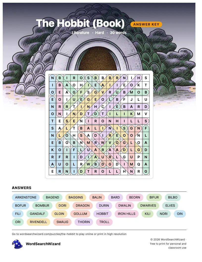 The Hobbit word search answer key, all 30 words marked