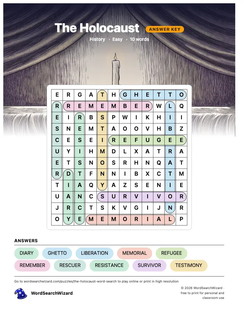 The Holocaust word search answer key, all 10 words marked