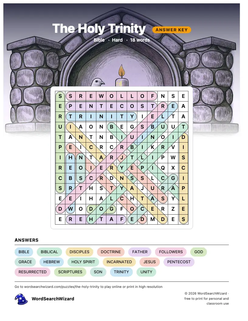 The Holy Trinity word search answer key, all 18 words marked