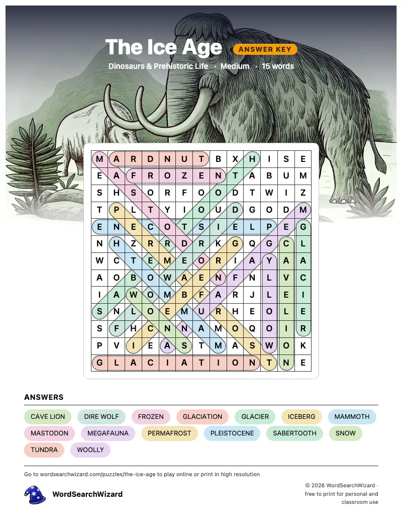 The Ice Age word search answer key, all 15 words marked