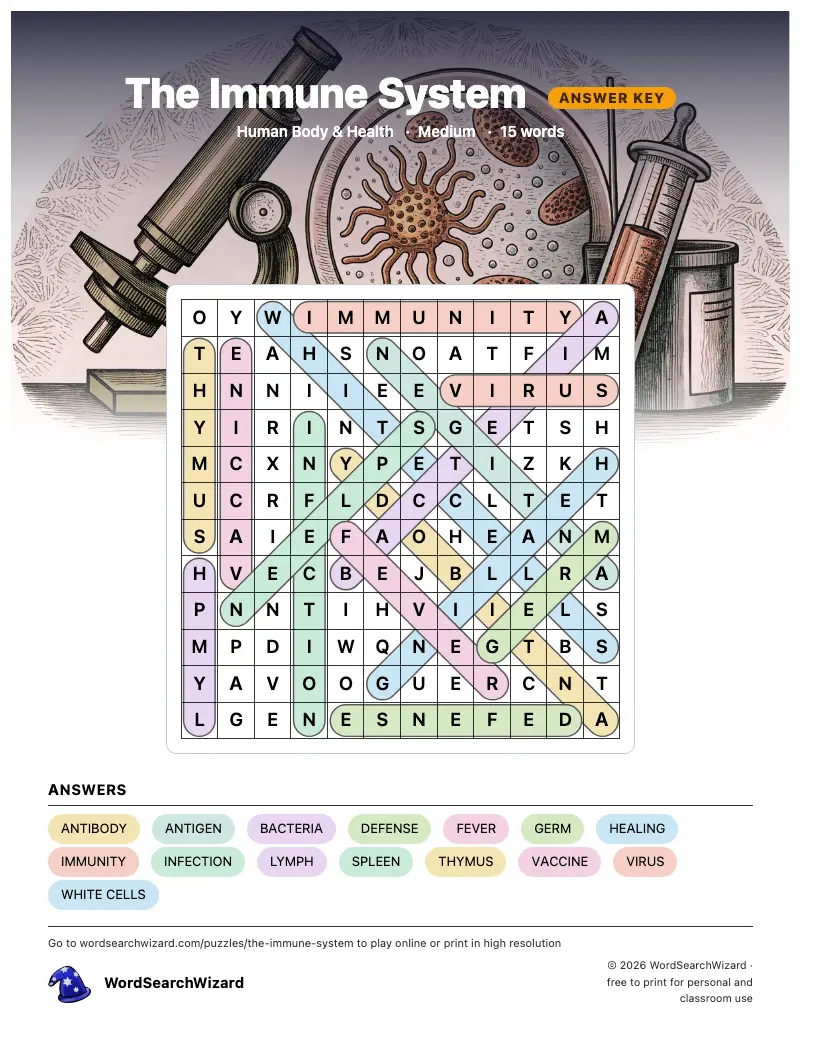 The Immune System word search answer key, all 15 words marked