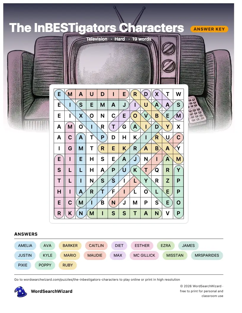 The InBESTigators Characters word search answer key, all 19 words marked