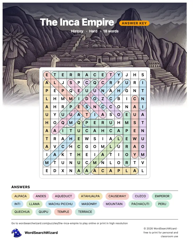 The Inca Empire word search answer key, all 18 words marked