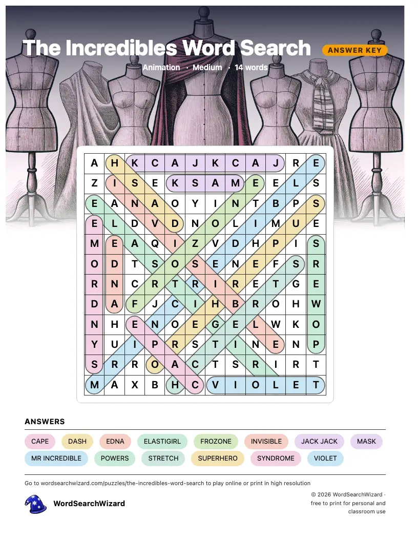 The Incredibles word search answer key, all 14 words marked