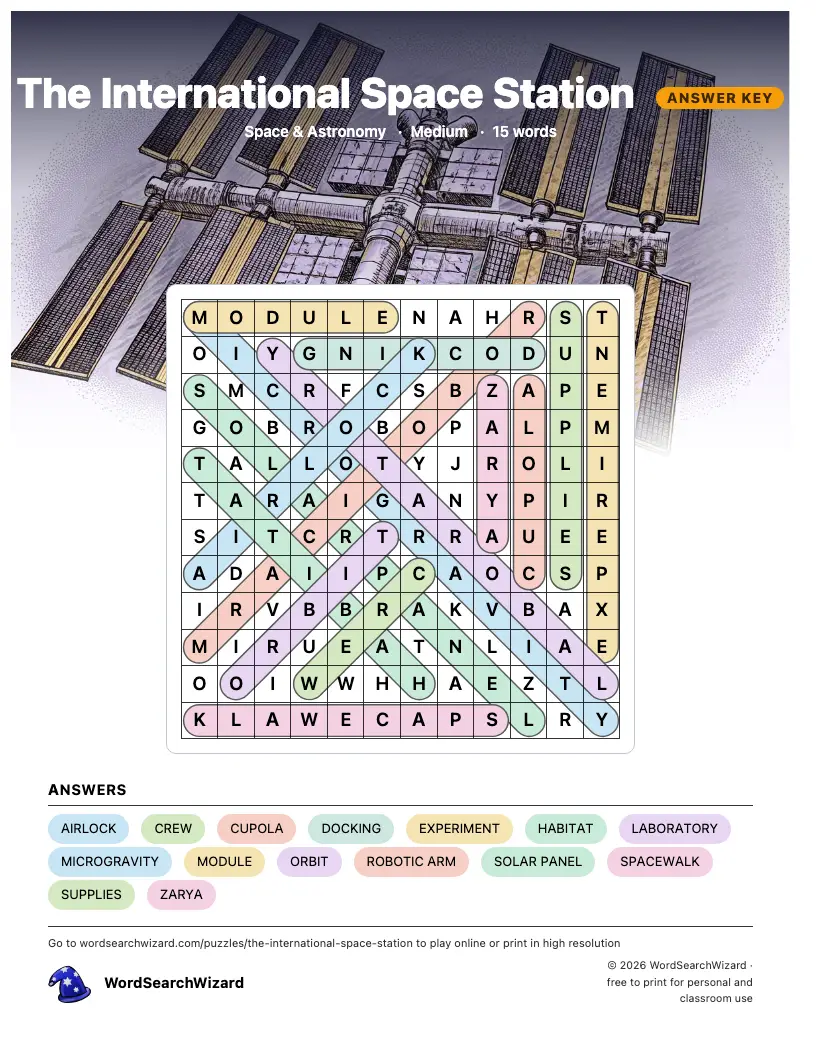 The International Space Station word search answer key, all 15 words marked