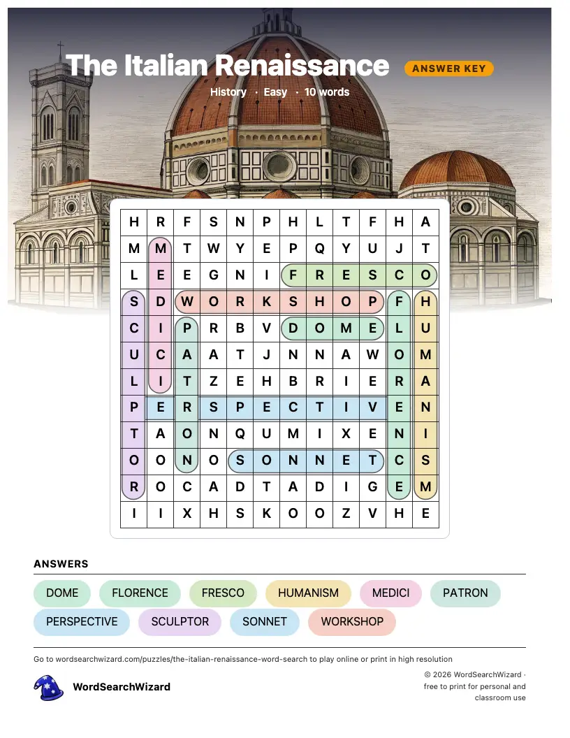 The Italian Renaissance word search answer key, all 10 words marked