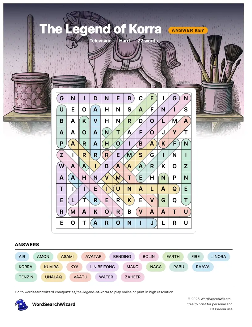 The Legend of Korra word search answer key, all 22 words marked