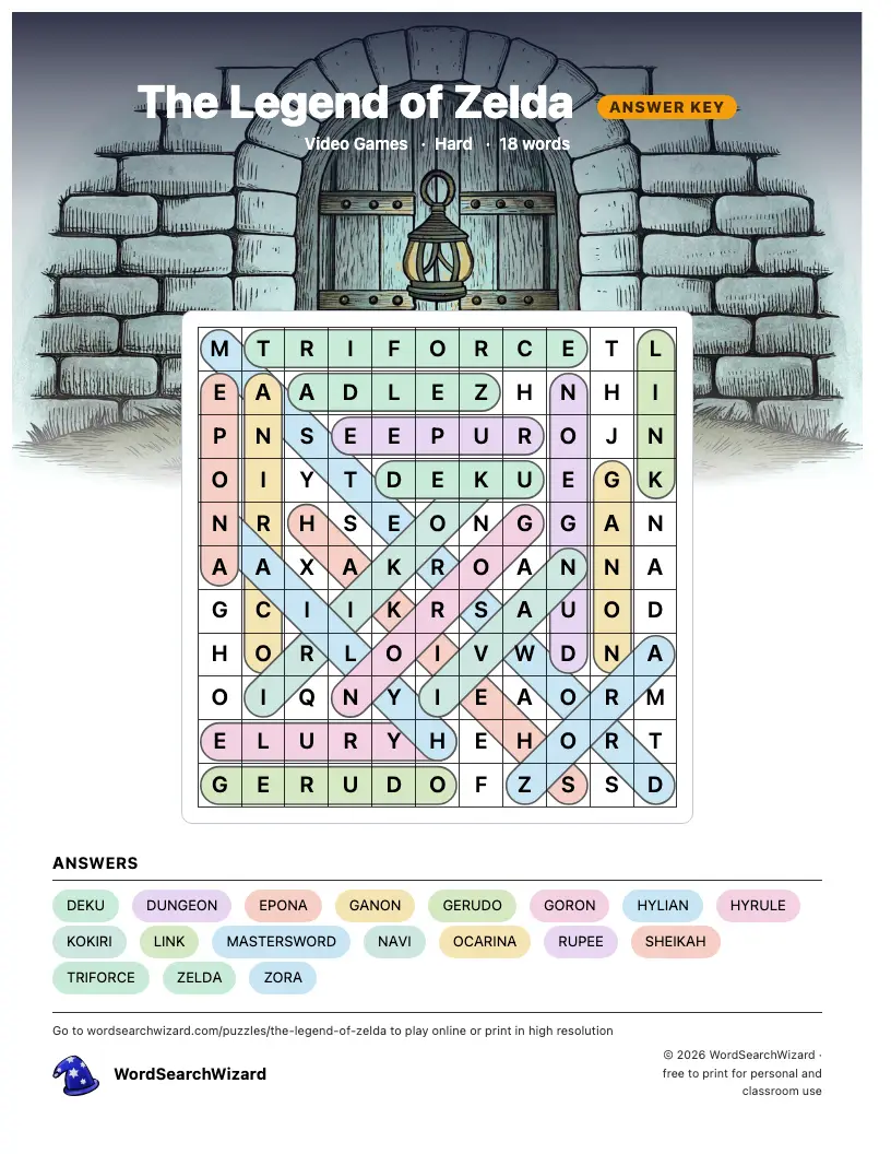 The Legend of Zelda word search answer key, all 18 words marked