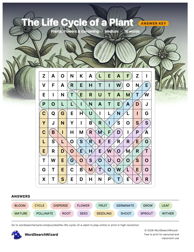 The Life Cycle of a Plant word search answer key, all 16 words marked