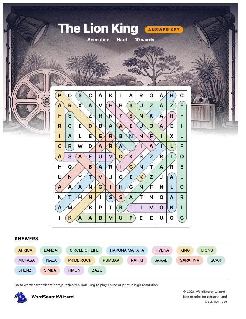 The Lion King word search answer key, all 19 words marked