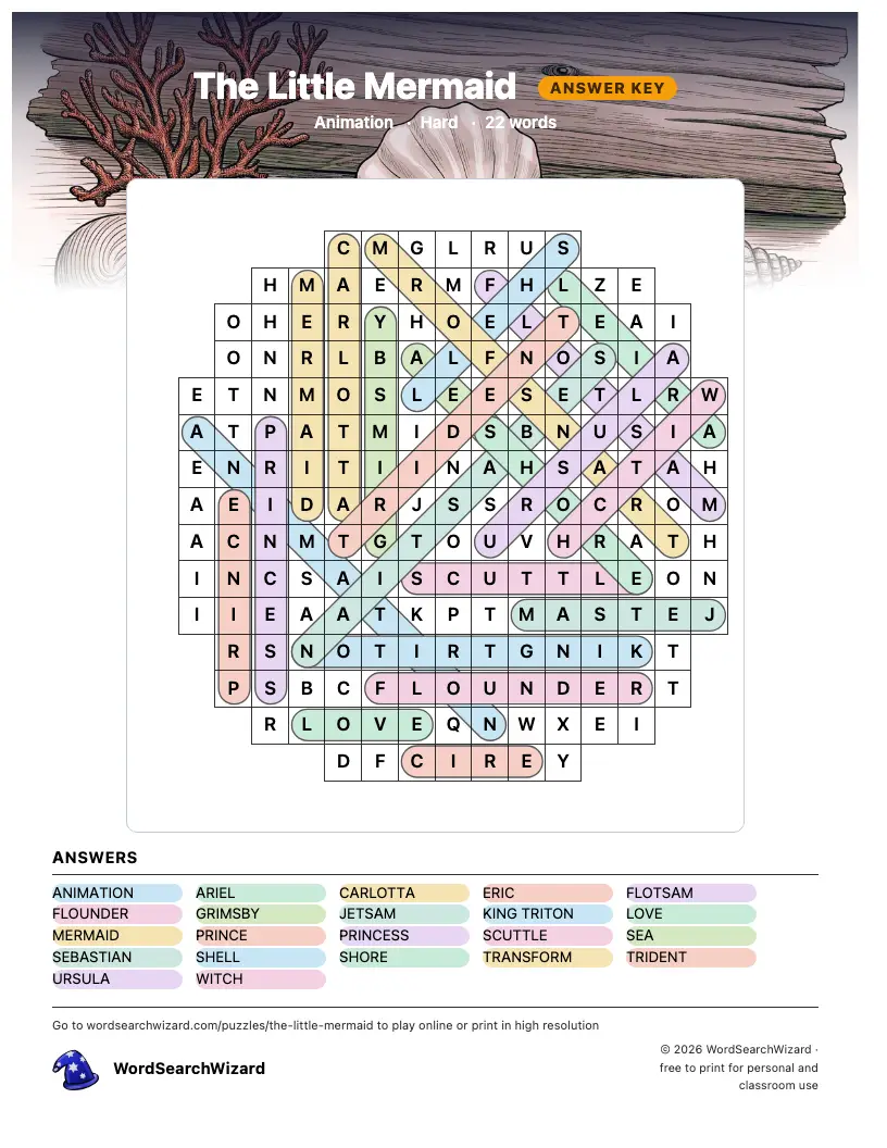 The Little Mermaid word search answer key, all 22 words marked