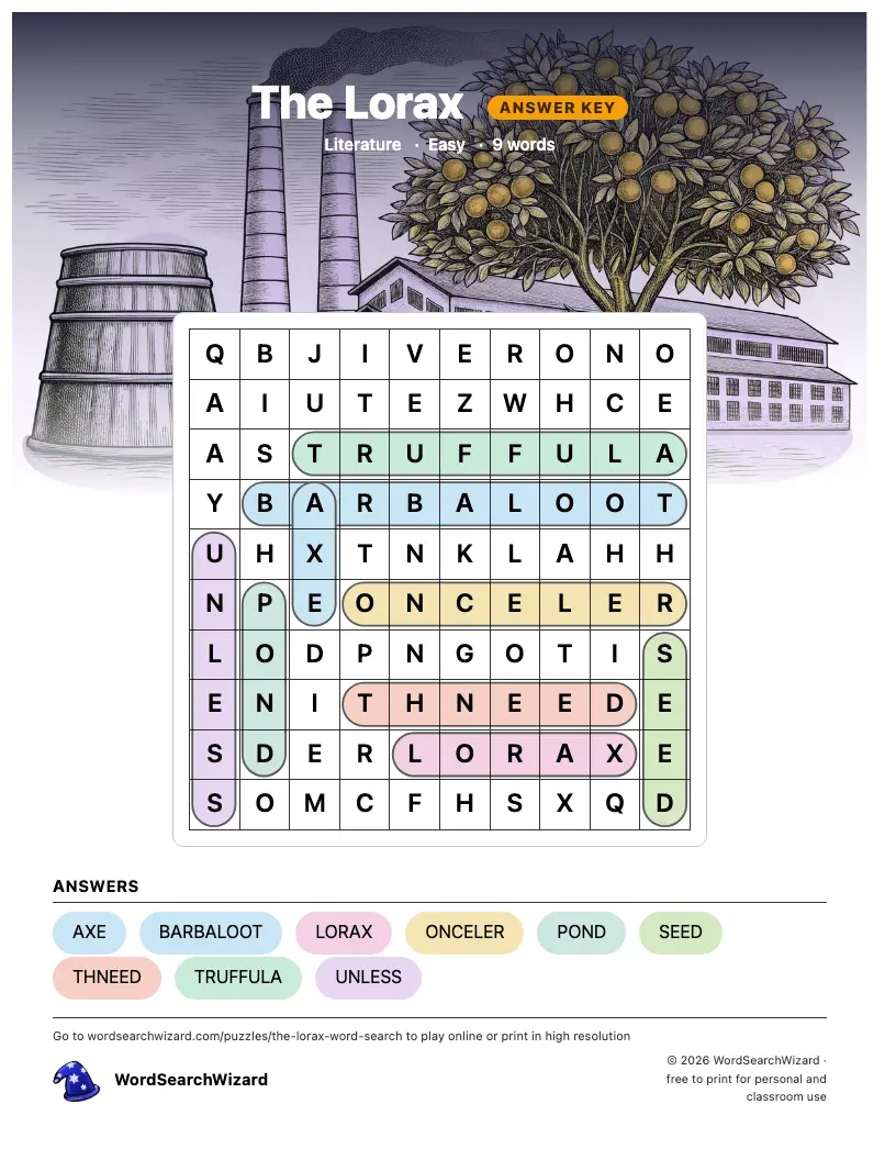 The Lorax word search answer key, all 9 words marked