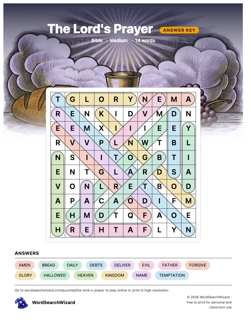 The Lord's Prayer word search answer key, all 14 words marked
