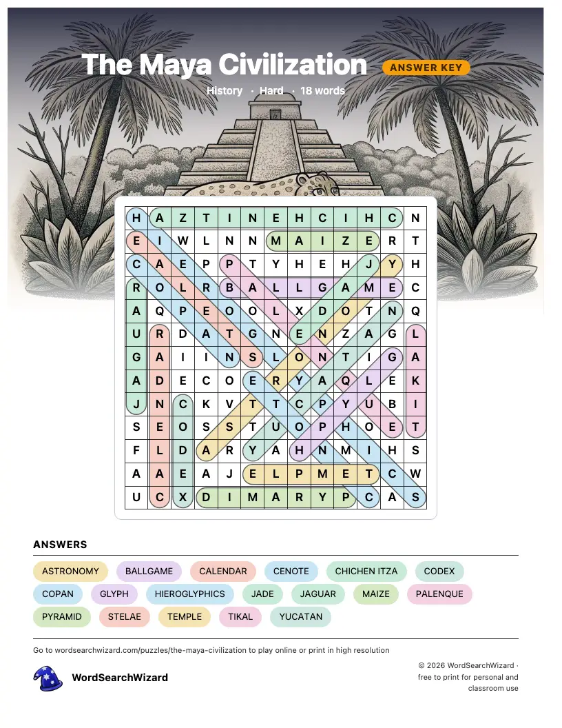 The Maya Civilization word search answer key, all 18 words marked