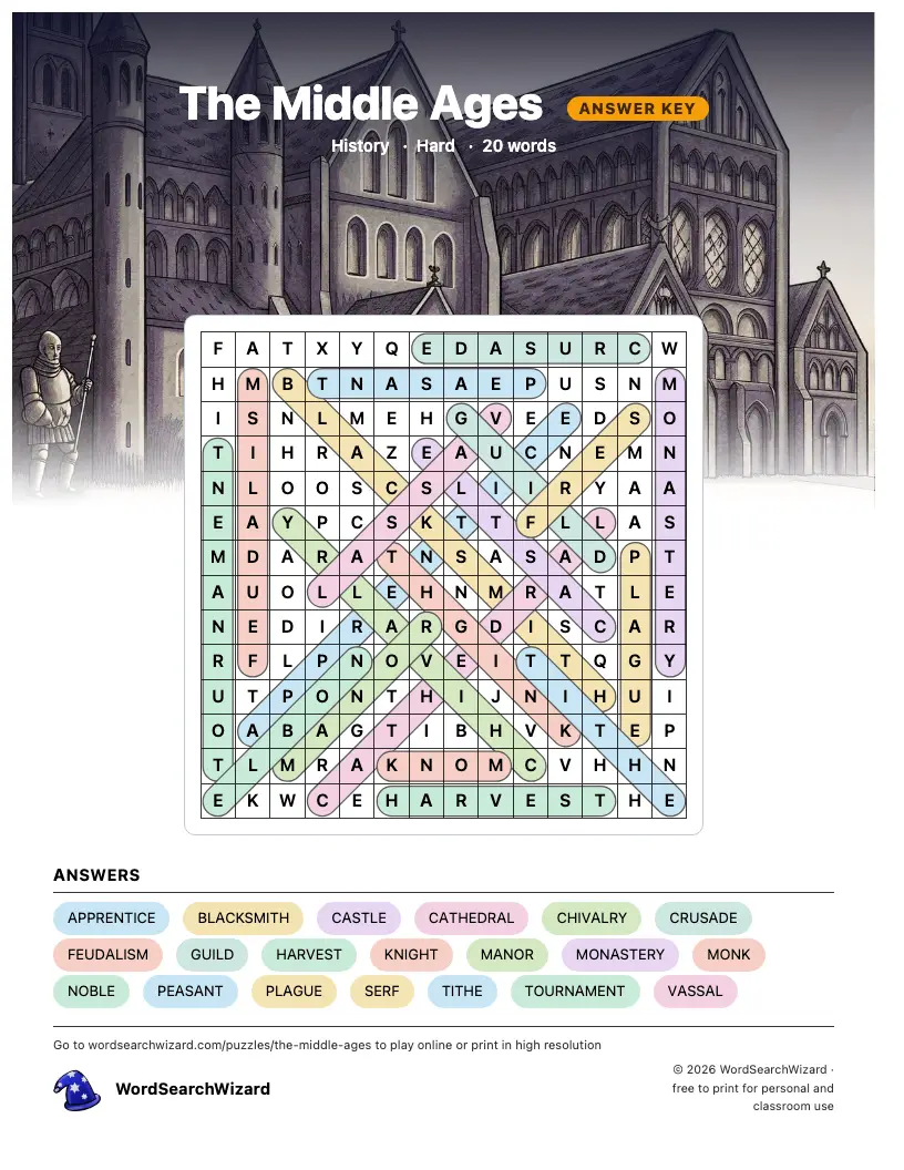 The Middle Ages word search answer key, all 20 words marked