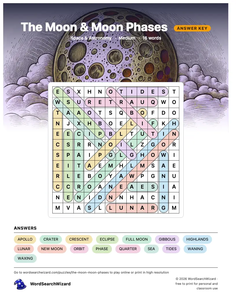 The Moon & Moon Phases word search answer key, all 16 words marked