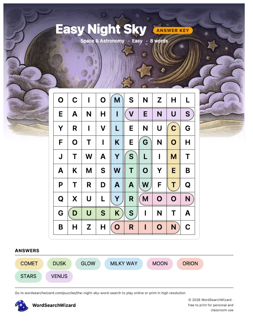 Easy Night Sky word search answer key, all 8 words marked