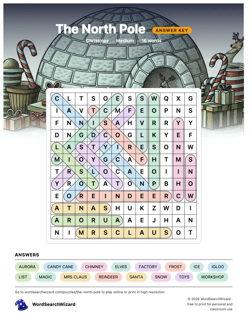 The North Pole word search answer key, all 16 words marked