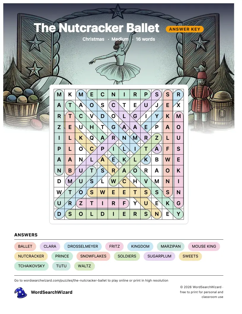 The Nutcracker Ballet word search answer key, all 16 words marked