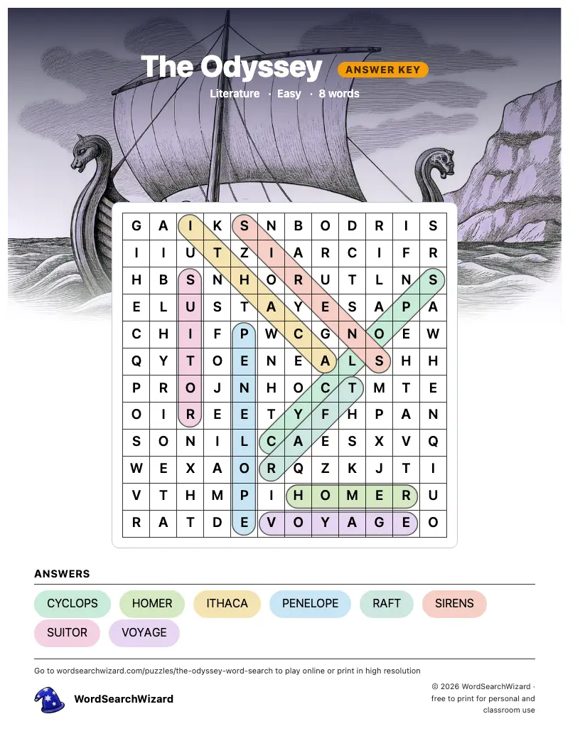 The Odyssey word search answer key, all 8 words marked