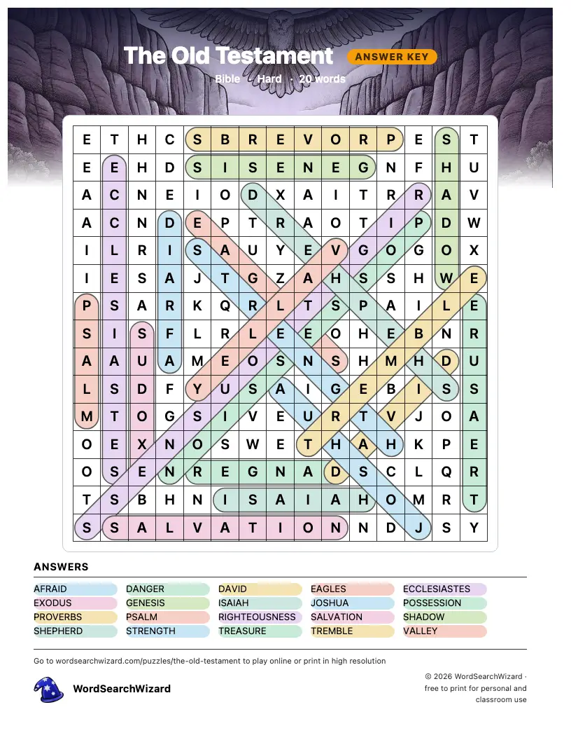 The Old Testament word search answer key, all 20 words marked