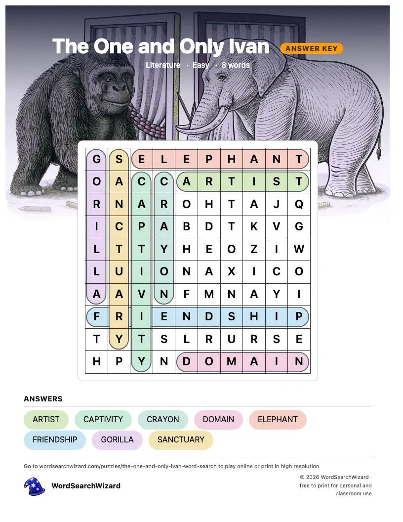 The One and Only Ivan word search answer key, all 8 words marked
