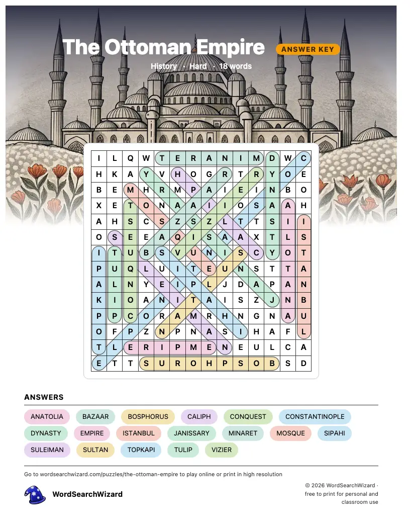 The Ottoman Empire word search answer key, all 18 words marked