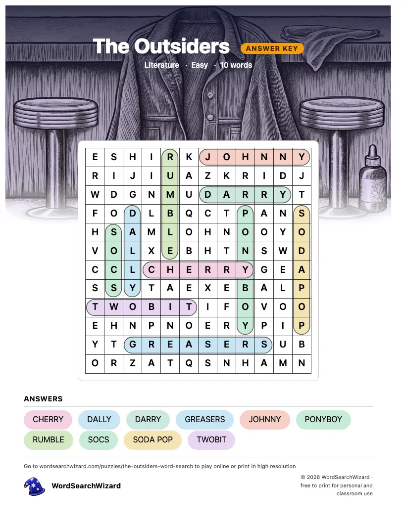 The Outsiders word search answer key, all 10 words marked