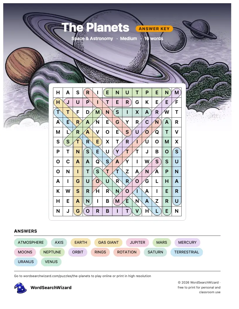 The Planets word search answer key, all 16 words marked