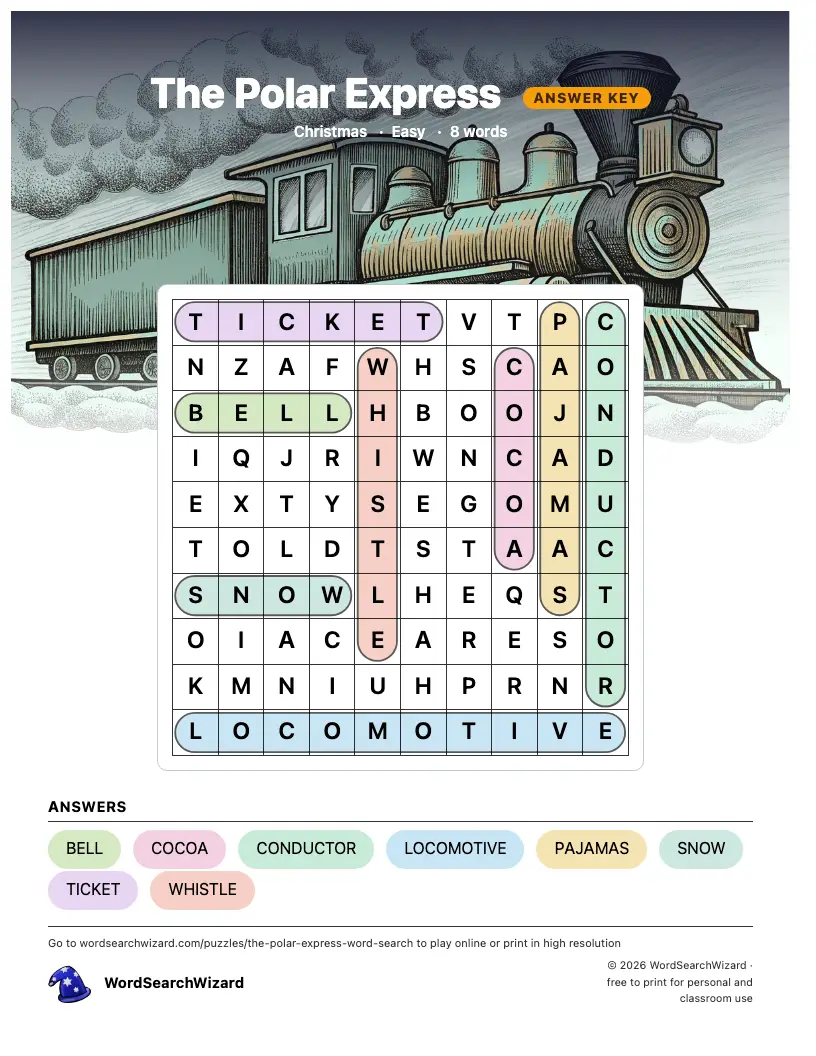 The Polar Express word search answer key, all 8 words marked