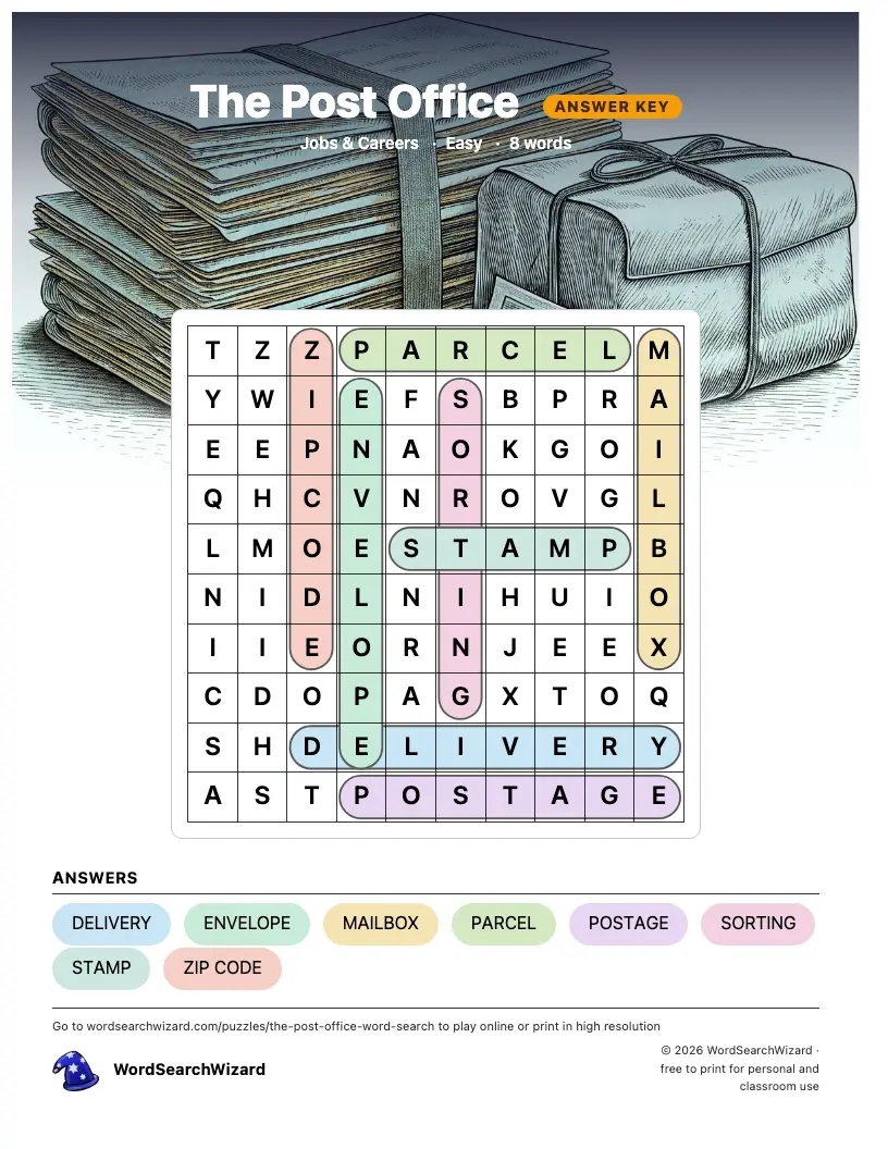 The Post Office word search answer key, all 8 words marked