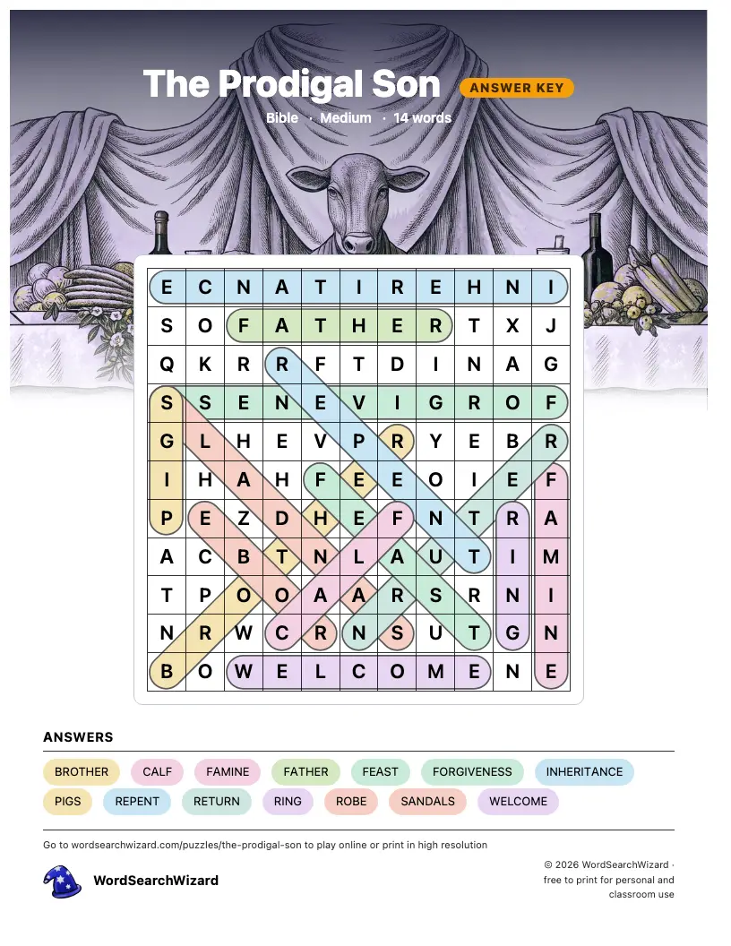 The Prodigal Son word search answer key, all 14 words marked