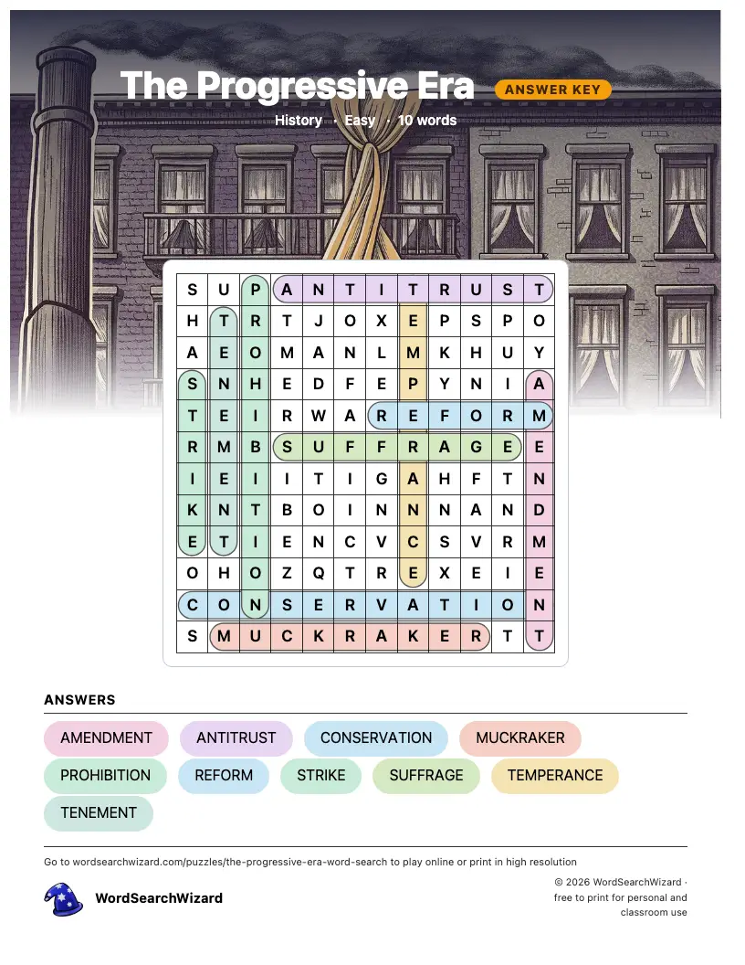 The Progressive Era word search answer key, all 10 words marked